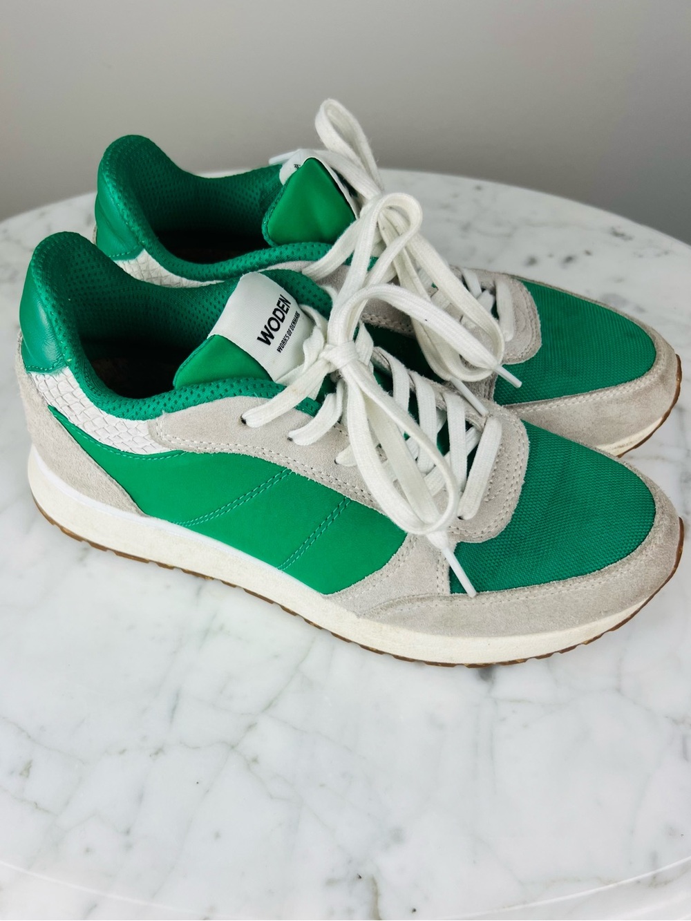 Woden Ronja Sneakers – Green & Neutral Textured Leather – 6.5